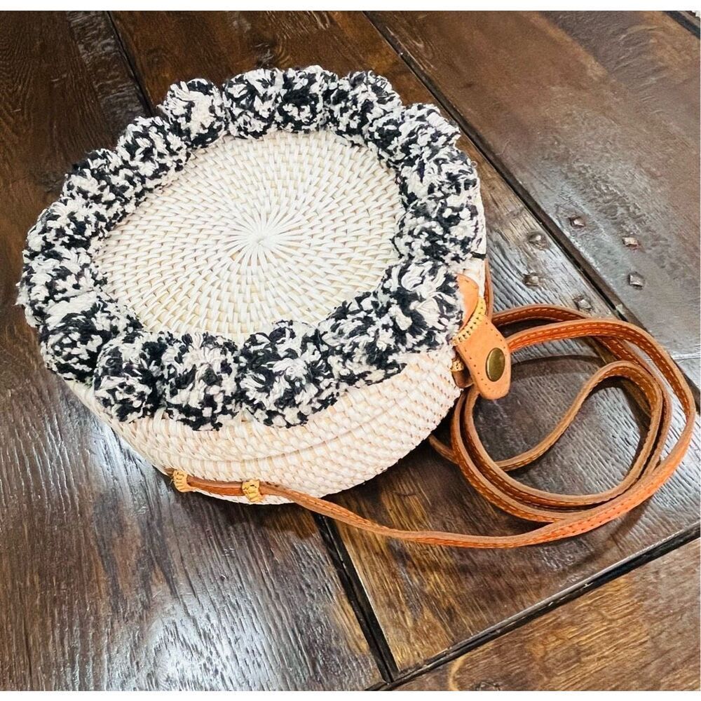 Cleobella Bali Marketplace Black and White Pom Pom Cantina Bag 8”